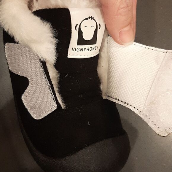 Black Suede Booties with Fleece Lining and Velcroe Closure - Picture 7 of 8